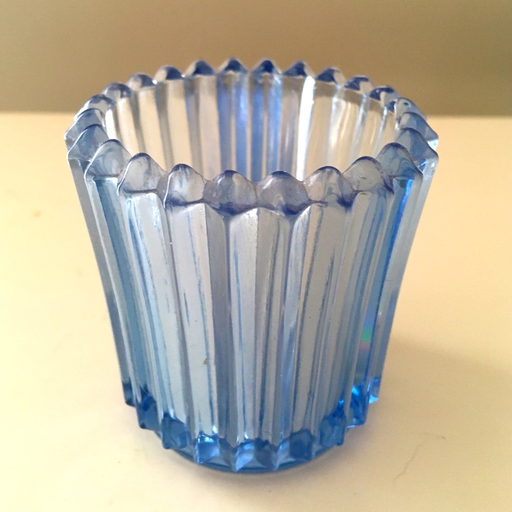 VINTAGE Baby Blue Glass Geometric Candle Holder